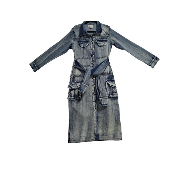 Spoon Jeans Denim Button Front Dress Womens L Long Sleeve Tie Utility Pocket - Picture 1 of 9